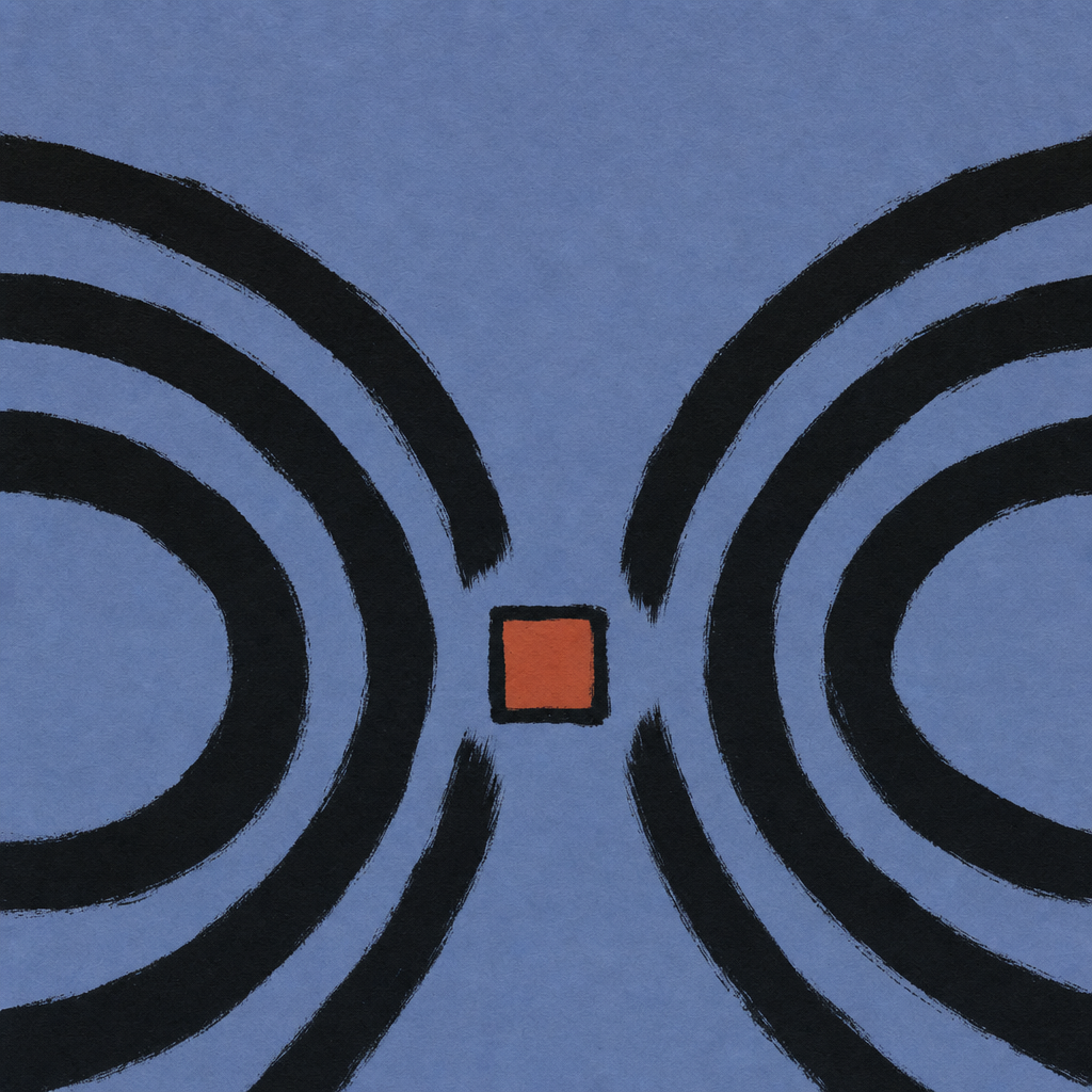 Two sets of concentric brush-stroke arcs curving toward each other with a terracotta square at the convergence point — the AI meeting each student where they are