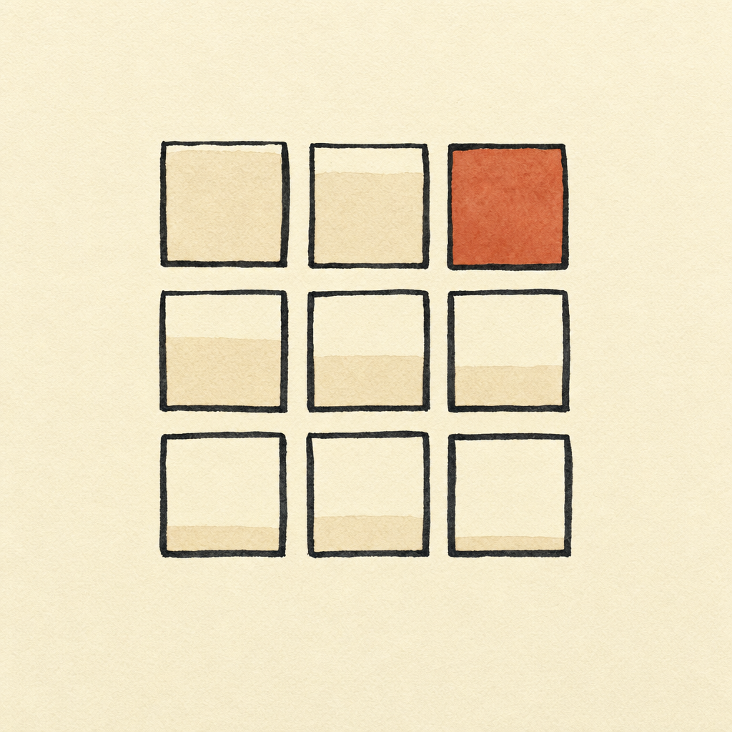 A 3x3 grid of hand-drawn squares at different fill levels, one filled terracotta — representing a cohort of students at different mastery levels