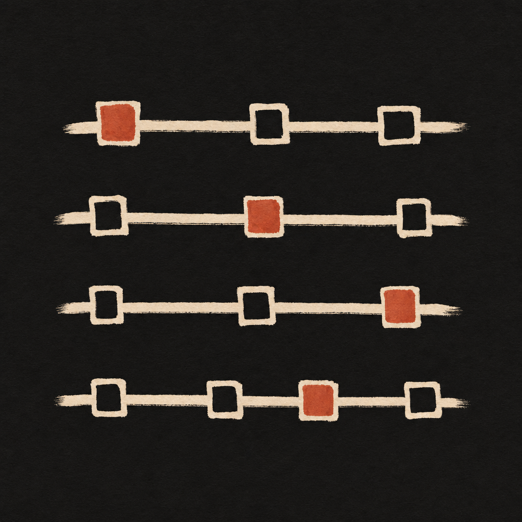Four rows of timeline marks with terracotta and cream squares at different positions — representing AI actions logged per student