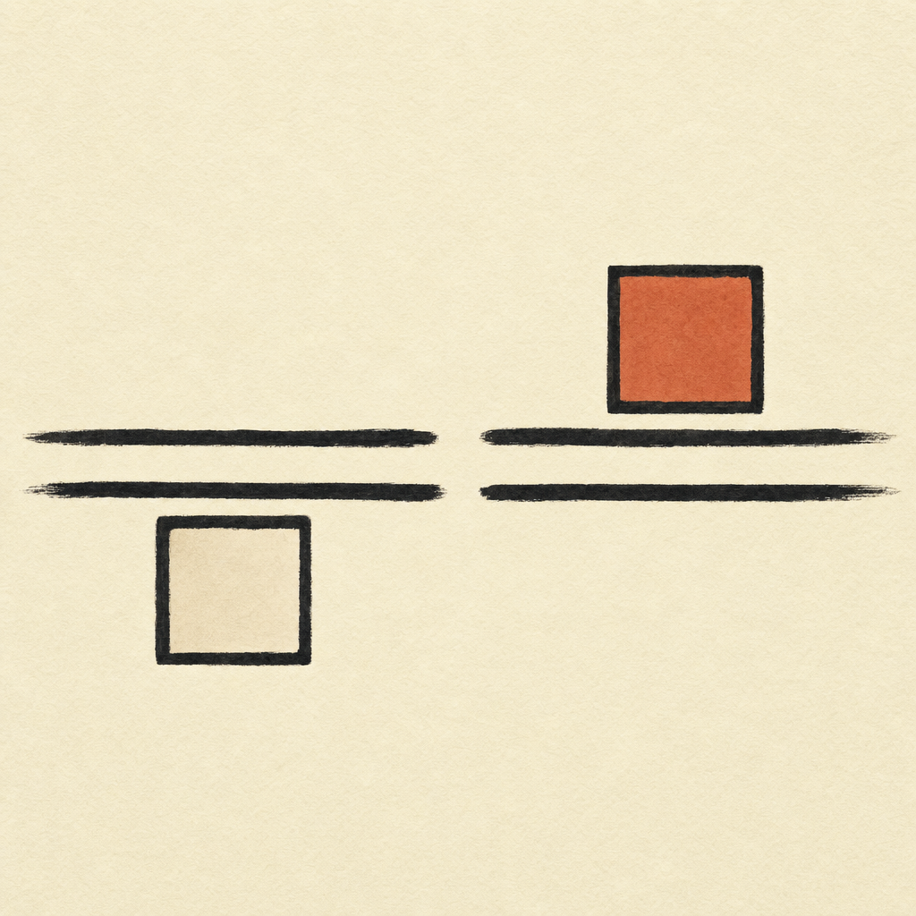 Two parallel horizontal lines with a gap — cream square below on the left, terracotta square above on the right — representing the mastery threshold