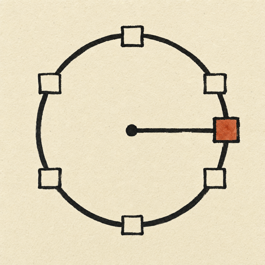 A hand-drawn circle with six square markers on its circumference, radius line pointing to a terracotta-filled square