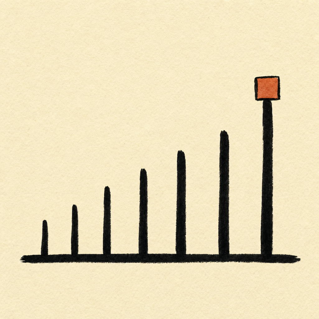 Seven ascending interval marks drawn in brush-pen, with a terracotta square at the peak — representing spaced repetition mastery growth