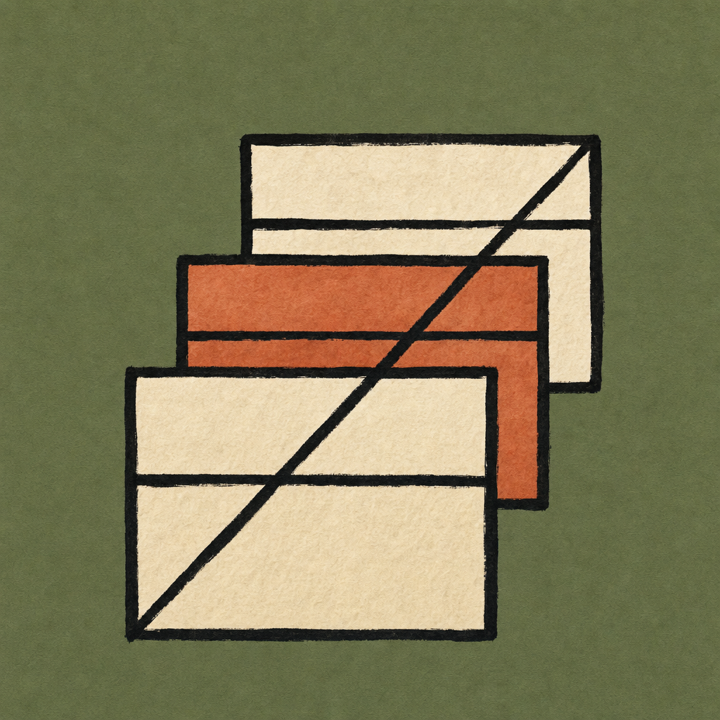 Three offset rectangles with a terracotta stripe and diagonal trajectory line — representing layered curriculum modules