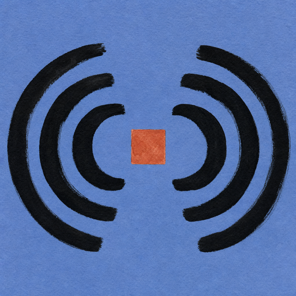Two sets of concentric brush-stroke arcs curving toward each other with a terracotta square at the convergence point